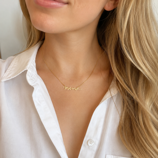 Mama Script Necklace: Brushed silver