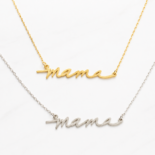 Mama Script Necklace: Brushed silver